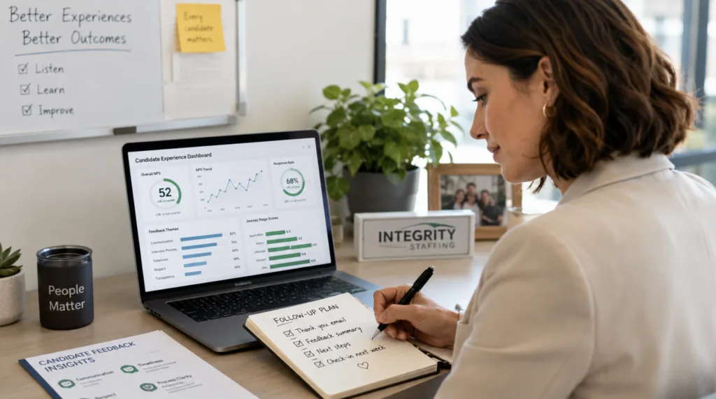 Improving candidate experience with feedback, Net Promoter Score insights, technology, and human recruiter support.