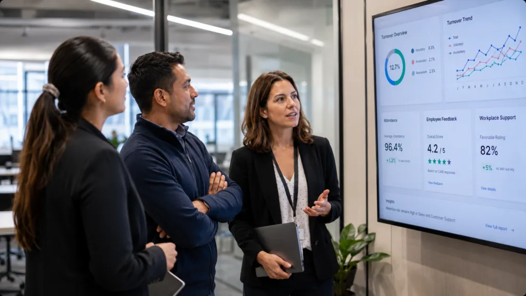 Employee experience and retention metrics tracking turnover, attendance, feedback, and workplace support